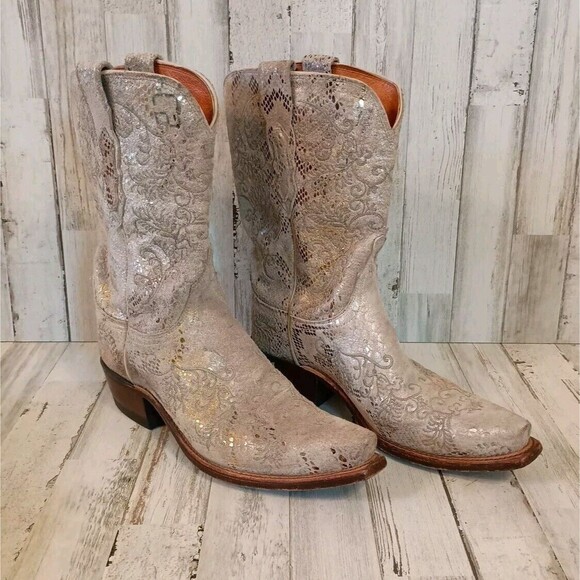 Lucchese Size 7 B Suede Gold Stone Python Print Boots Western Cowboy Snip Toe - Picture 1 of 16